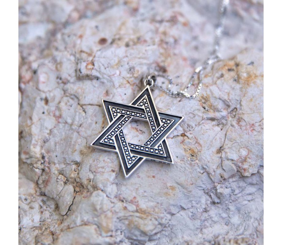 Sterling Silver Pendant Necklace - Large Star of David With Dark and Light Silver