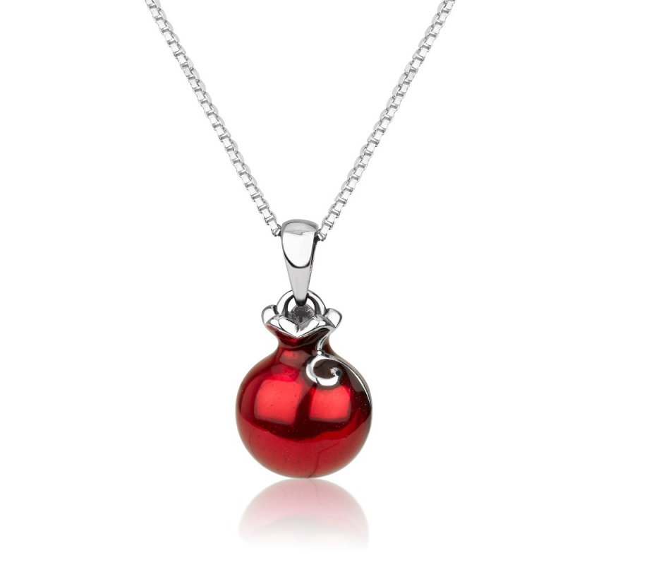Sterling Silver Pendant Necklace – Red Enamel Pomegranate with Red Garnet Stone