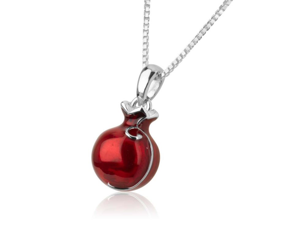 Sterling Silver Pendant Necklace – Red Enamel Pomegranate with Red Garnet Stone