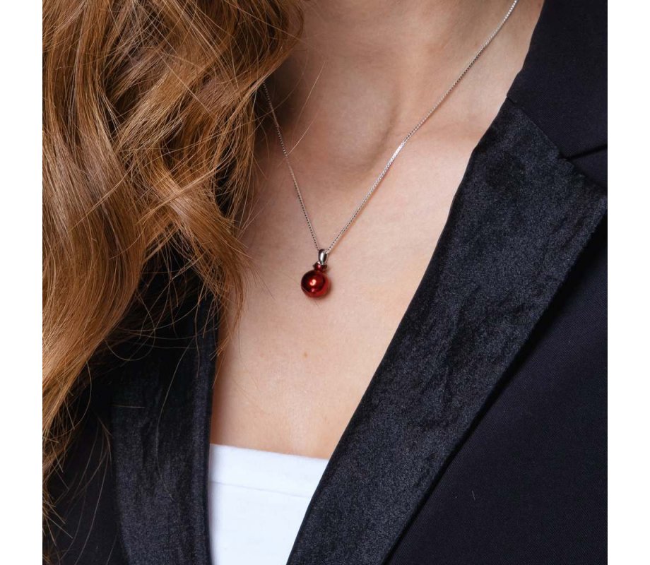 Sterling Silver Pendant Necklace – Red Enamel Pomegranate with Red Garnet Stone