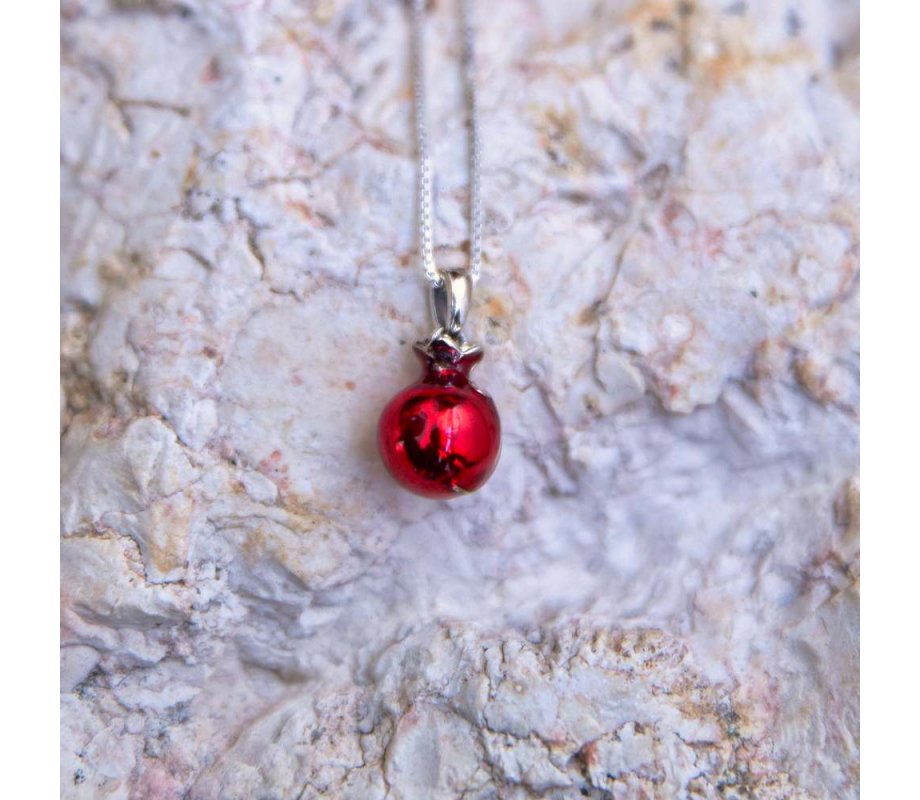 Sterling Silver Pendant Necklace – Red Enamel Pomegranate with Red Garnet Stone