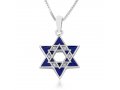 Sterling Silver Pendant Necklace, Double Star of David  Blue Enamel and Crystals