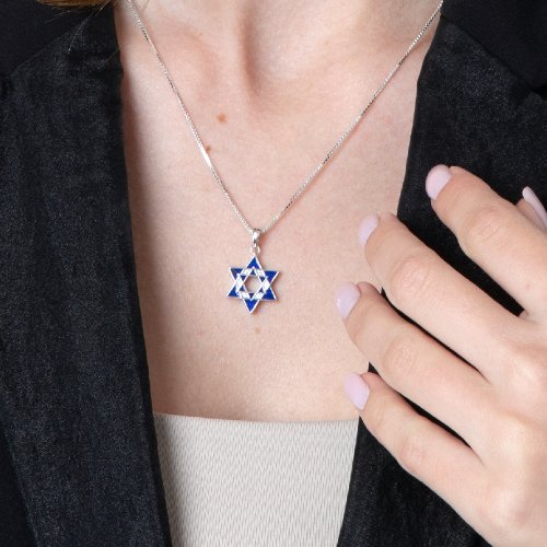 Sterling Silver Pendant Necklace, Double Star of David  Blue Enamel and Crystals