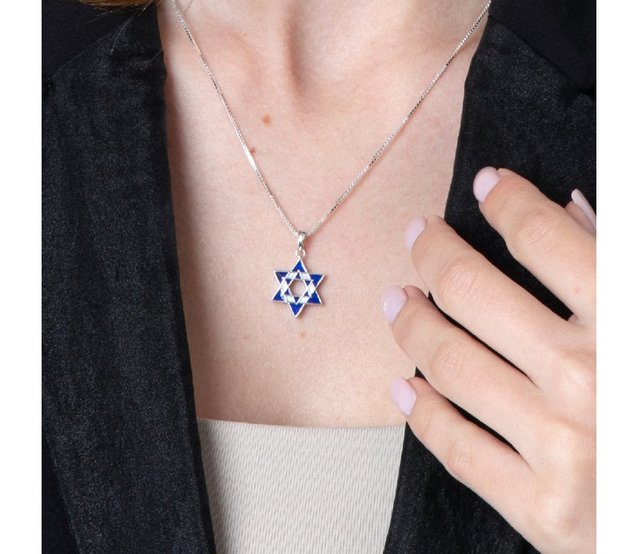 Sterling Silver Pendant Necklace, Double Star of David – Blue Enamel and Crystals