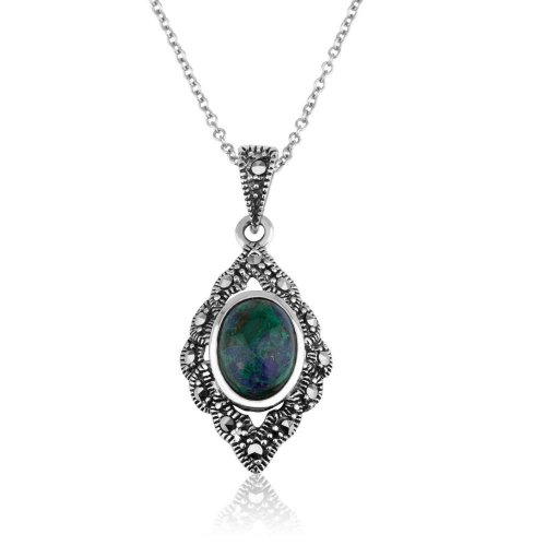 Sterling Silver Pendant Necklace, Oval Eilat Stone and Diamond Shape Marcasite Frame