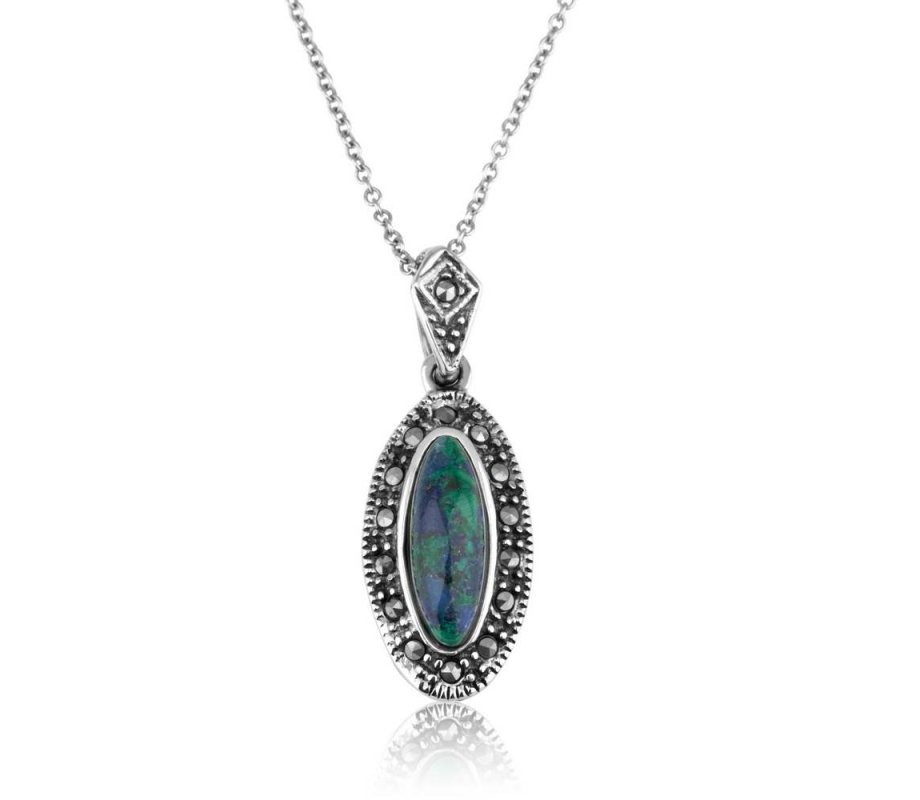 Sterling Silver Pendant Necklace, Oval Eilat Stone in Frame of Marcasite Stones