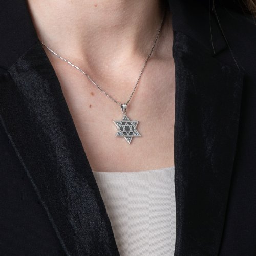 Sterling Silver Pendant Necklace, Star of David One-Within-Another  Beaded Artwork