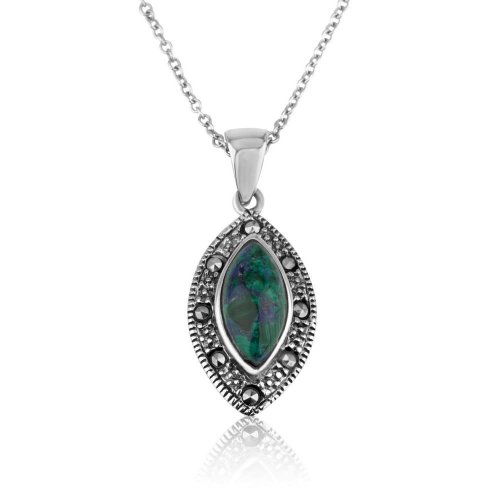 Sterling Silver Pendant Necklace, Tear Shape Eilat Stone with Marcasite Stones Frame
