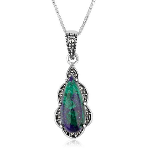 Sterling Silver Pendant Necklace with Marcasite Frame and Pear Shaped Eilat Stone