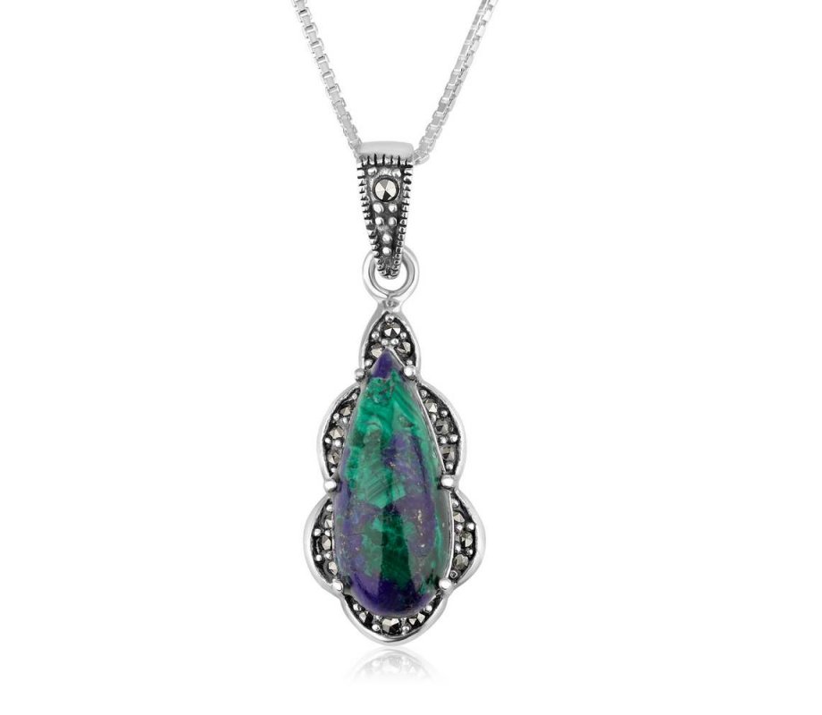 Sterling Silver Pendant Necklace with Marcasite Frame and Pear Shaped Eilat Stone