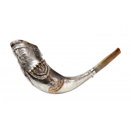 Sterling Silver Ram's Horn Shofar with Decorative Seven Branch Menorah