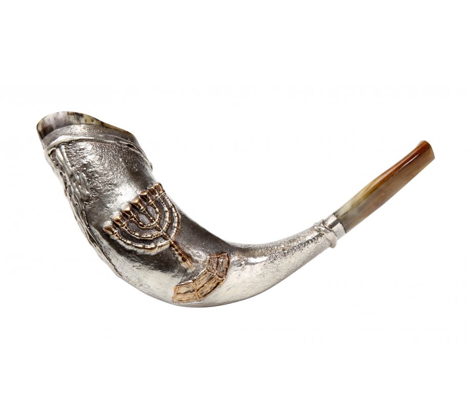 Sterling Silver Ram's Horn Shofar with Decorative Seven Branch Menorah
