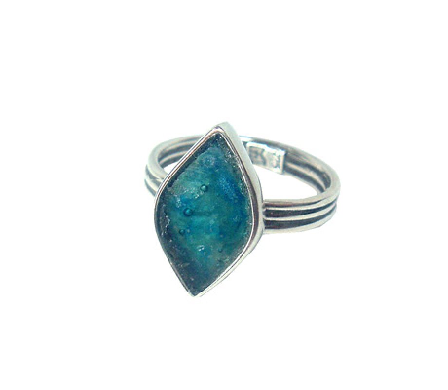 Sterling Silver Ring, Marquise Shape Roman Glass with Adjustable Band - Michal Kirat