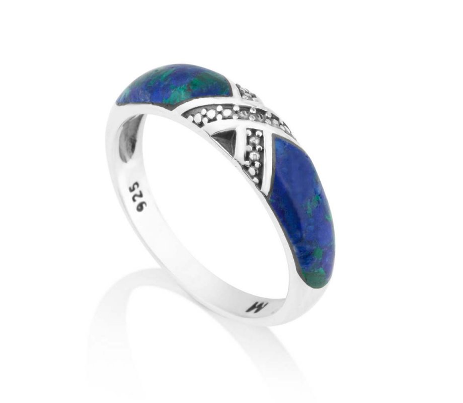Sterling Silver Ring with Eilat Stone and Two Decorative Crisscross Stripes