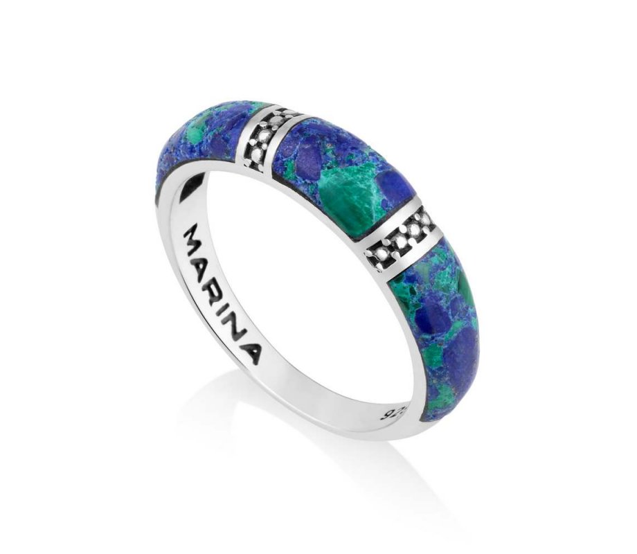 Sterling Silver Rounded Ring, Eilat Stone Two Decorative Stripes