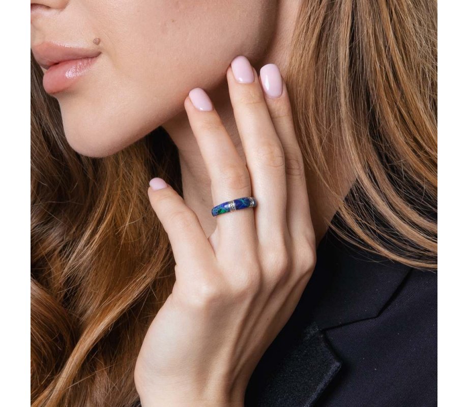 Sterling Silver Rounded Ring, Eilat Stone Two Decorative Stripes