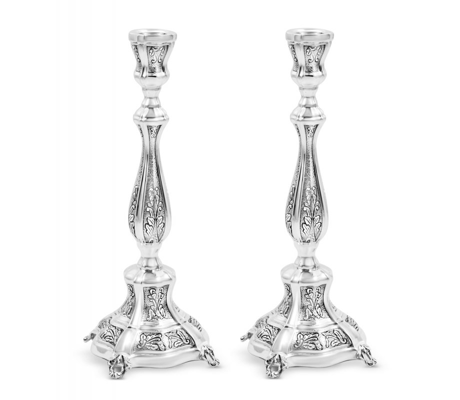 Sterling Silver Shabbat Candlesticks - Hammered Background with Leaf Design