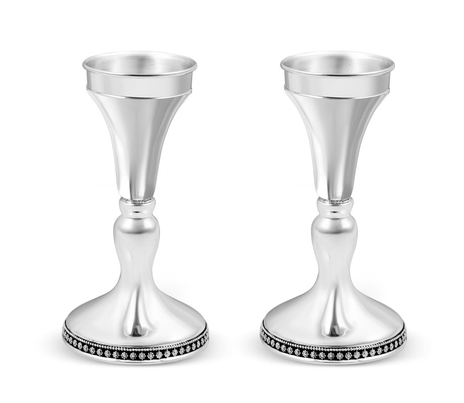 Sterling Silver Shabbat Candlesticks - Single Floral Band at Base