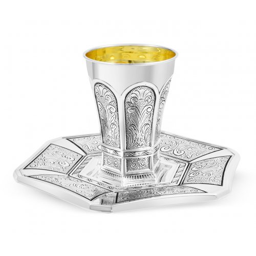Sterling Silver Shabbat Kiddush Cup Set - Arches with Ornate Hammered Theme