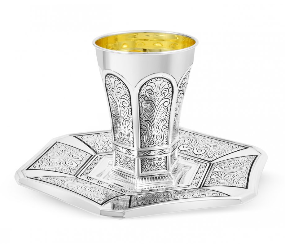 Sterling Silver Shabbat Kiddush Cup Set - Arches with Ornate Hammered Theme