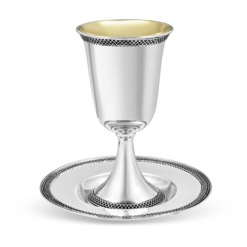 Sterling Silver Shabbat Kiddush Cup and Plate Set - Loop Ribbon Design