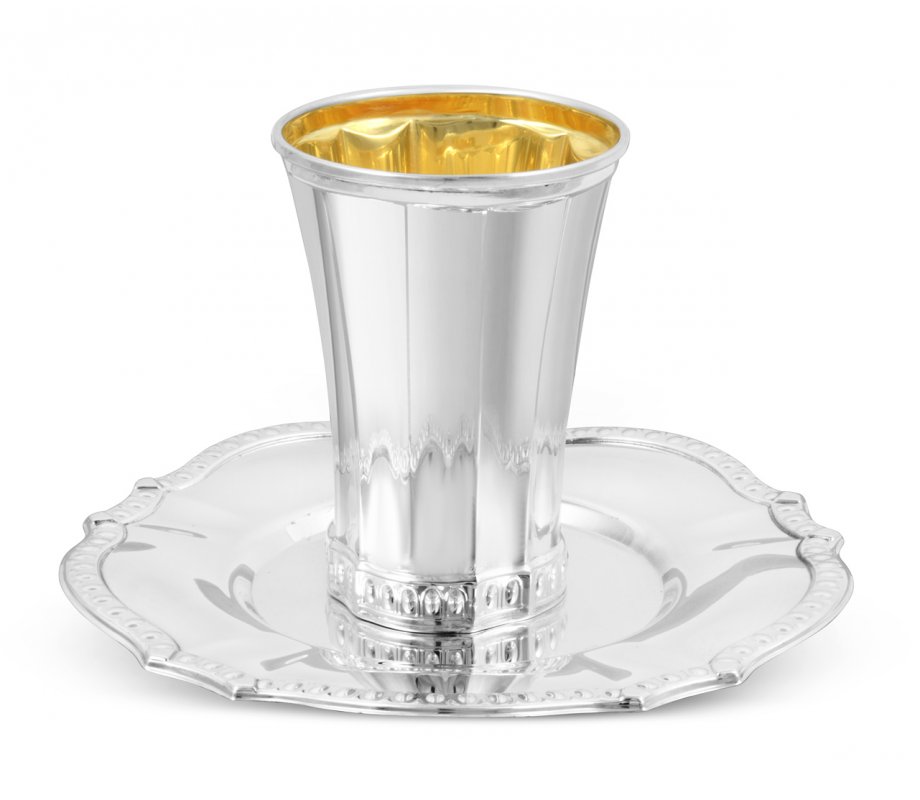 Sterling Silver Shabbat Kiddush Cup with Matching Plate - Bead Design