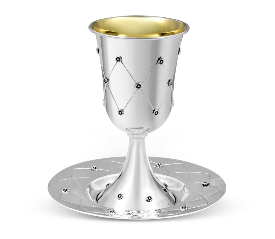 Sterling Silver Shabbat Kiddush Cup with Plate - Flower Diamond Design