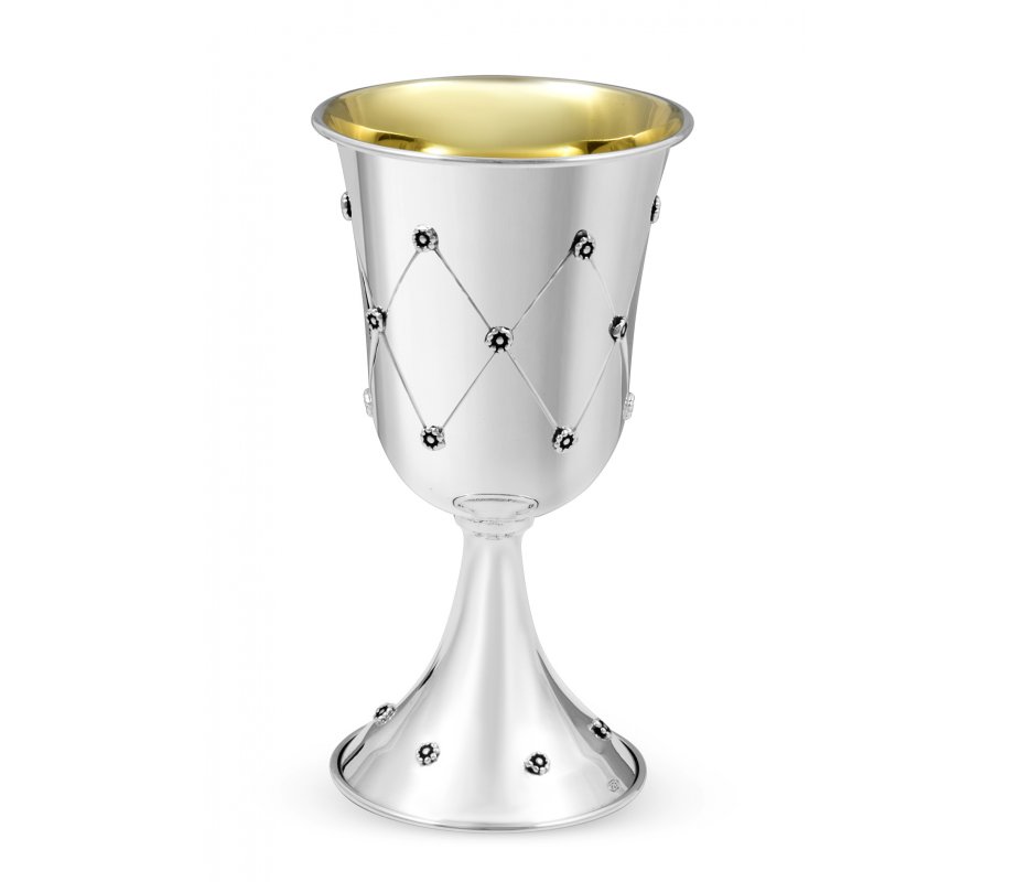 Sterling Silver Shabbat Kiddush Cup with Plate - Flower Diamond Design
