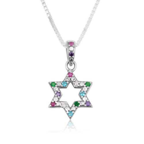 Sterling Silver Star of David Pendant Necklace  Colorful Crystals