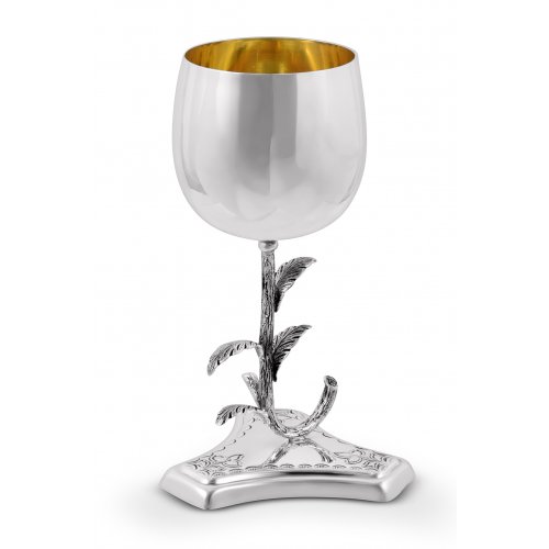 Sterling Silver Viznitz Traditional Kiddush Cup with Decorative Leaves on Stem