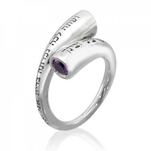 Sterling Silver ring with Everlasting Covenant Words in Hebrew, Emerald Gemstone - HaAri