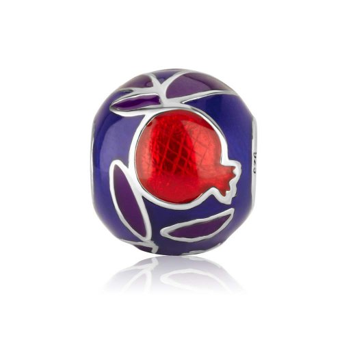 Sterling Silver with Enamel Bracelet Charm - Red Pomegranate and Leaves on Blue