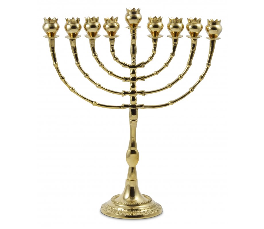 Tall Bronze Chanukah Menorah, Pomegranate Shaped Cups - Height 16 Inches