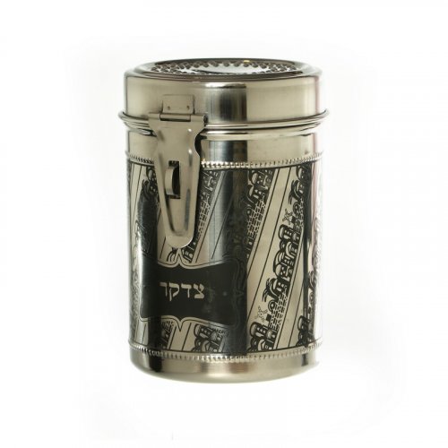 Tall Charity Box, Stainless Steel with Diagonal Jerusalem Images - Black on Silver