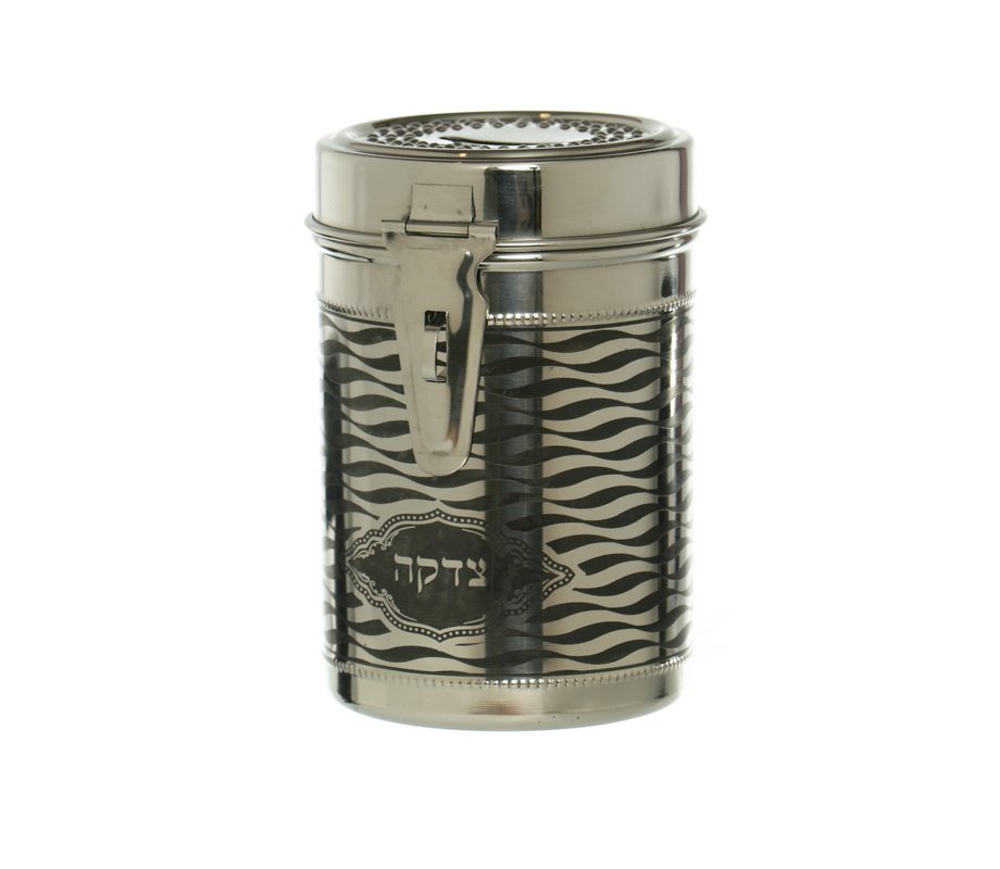 Tall Charity Box, Stainless Steel with Wavy Ribbon Design - Silver on Black