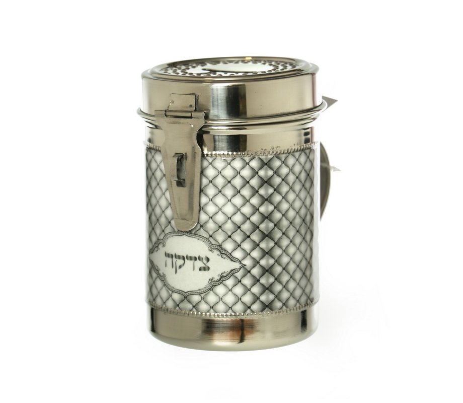 Tall Charity Box with Handle, Gleaming Silver Stainless Steel - Crisscross Design
