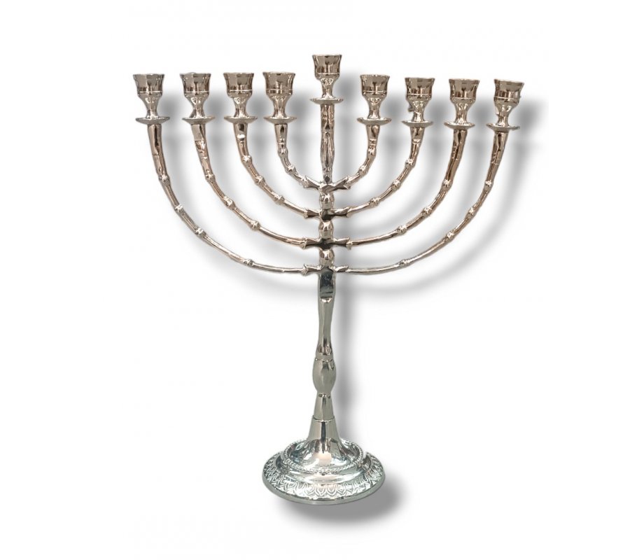 Tall Classic Chanukah Menorah, Nickel Plated Metal - 16 Inches