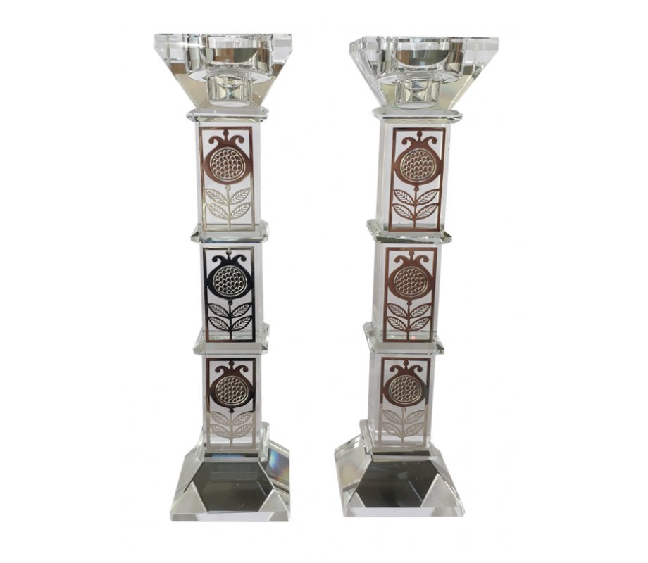 Tall Crystal Glass Candlesticks - Pomegranate Decoration