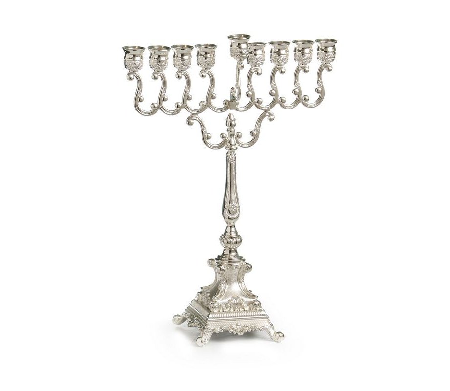 Tall Hanukkah Menorah, Silver Plated with Swirls and Ornate base - 23 cm Height