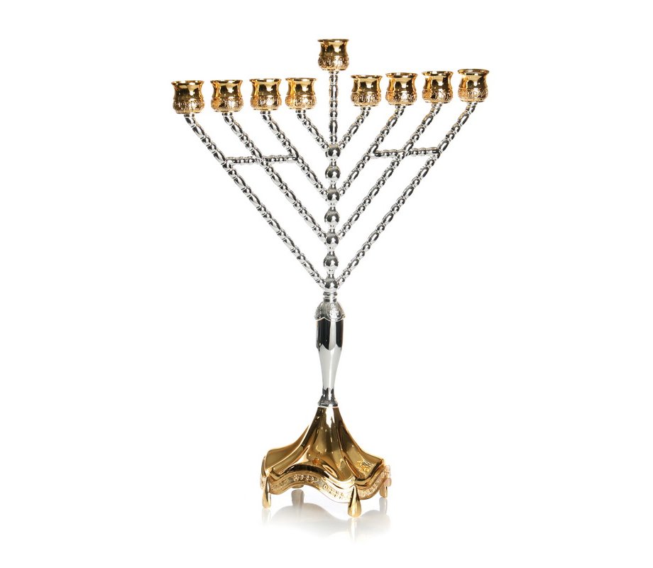 Tall Nickel Lubavitch Chabad Hanukkah Menorah, Gleaming Gold and Silver - 18.9