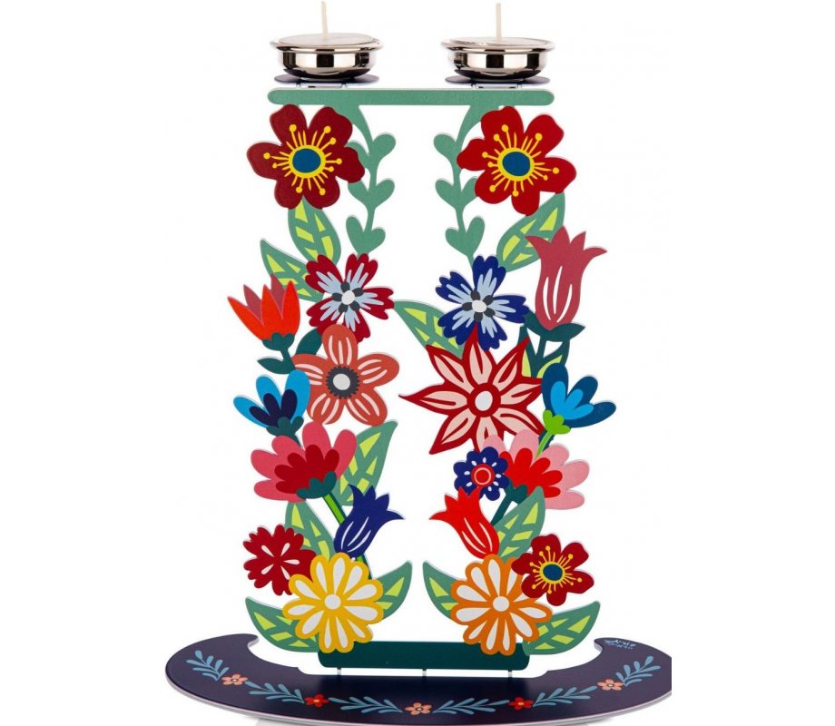 Tall Shabbat Candlesticks in Metal, Tall Colorful Flowers - Dorit Judaica