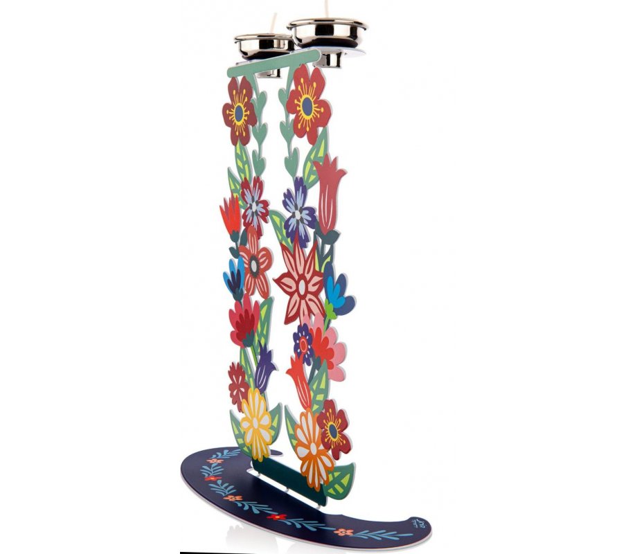 Tall Shabbat Candlesticks in Metal, Tall Colorful Flowers - Dorit Judaica