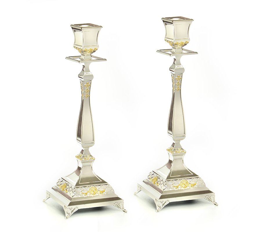Tall Silver Plated Shabbat Candlesticks with Gold Decorative Elements- Height 14.1