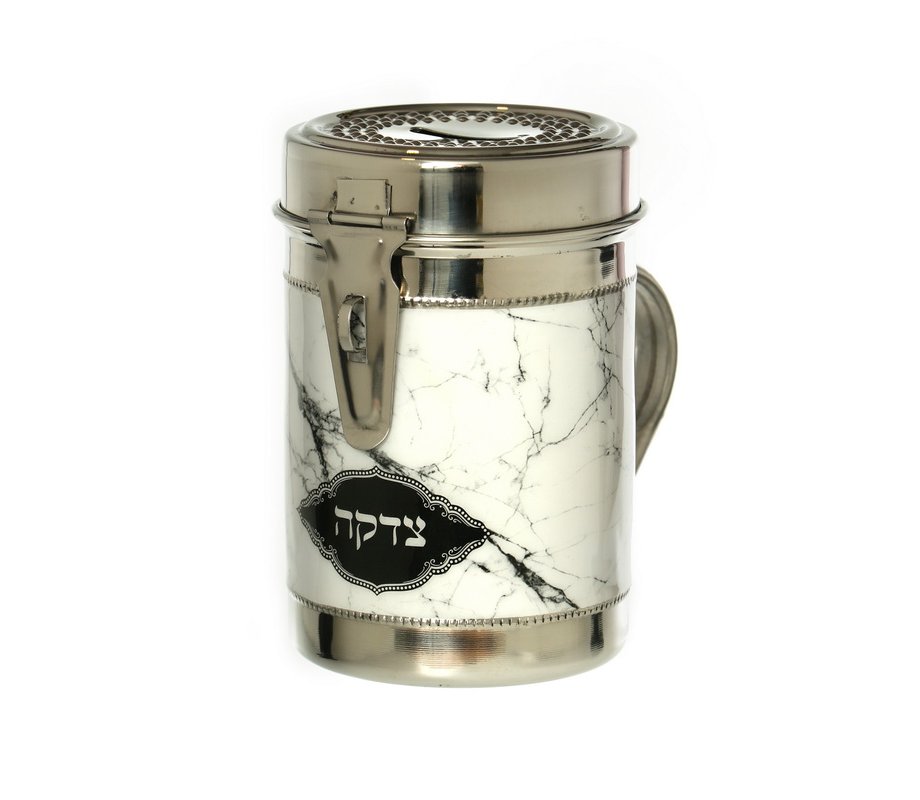 Tall Stainless Steel Charity Box with Handle, Gray on White Marble Design