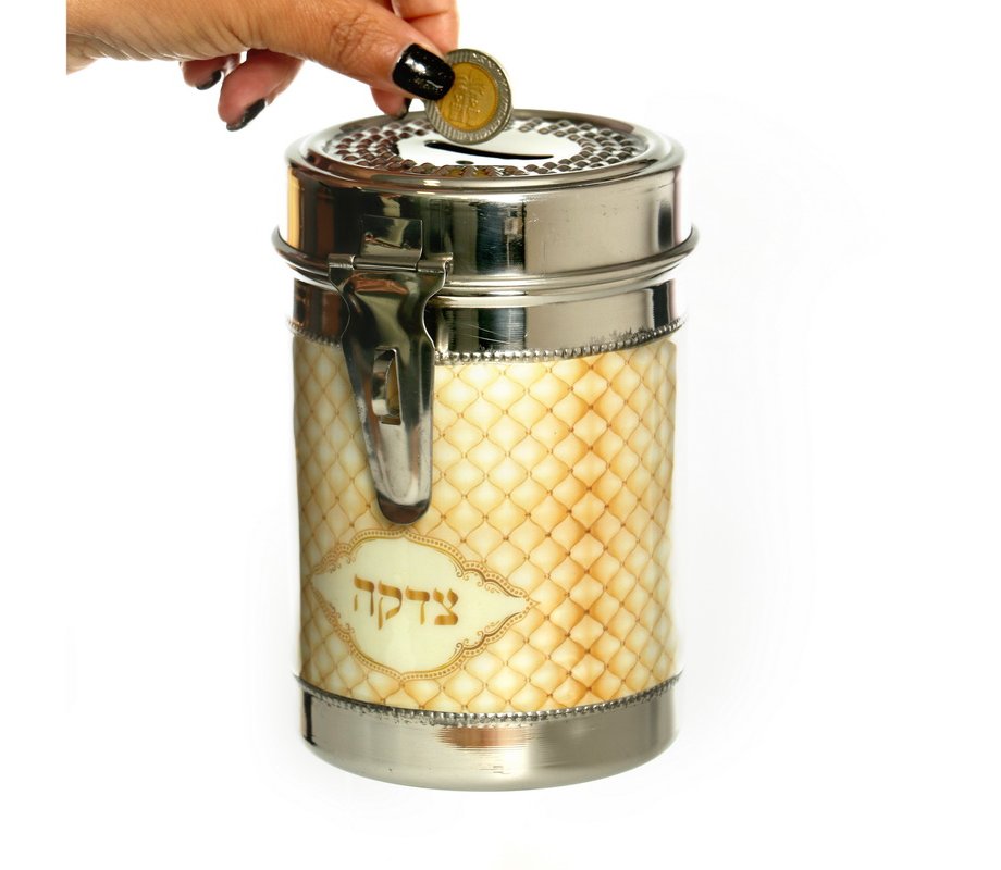 Tall Stainless Steel Charity Box with Handle, Shining Silver with Gold Diamond Design