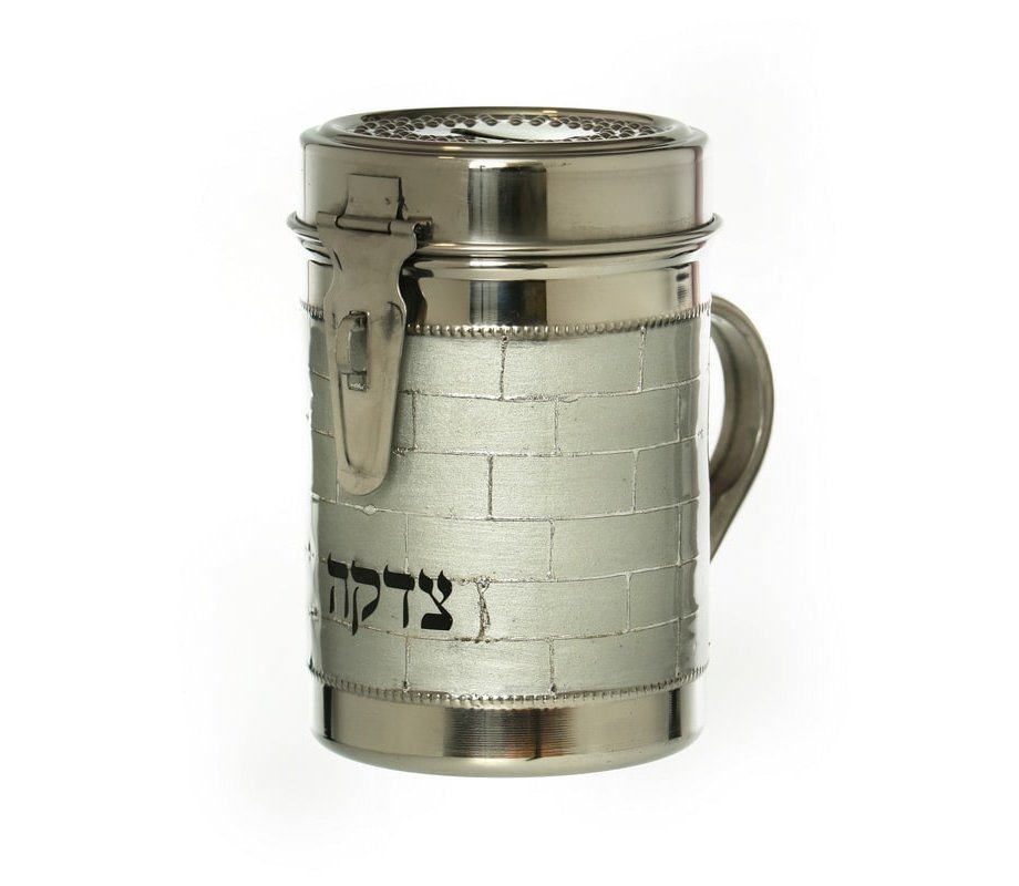 Tall Stainless Steel Charity Box with Large Handle, Silver Western Wall Design