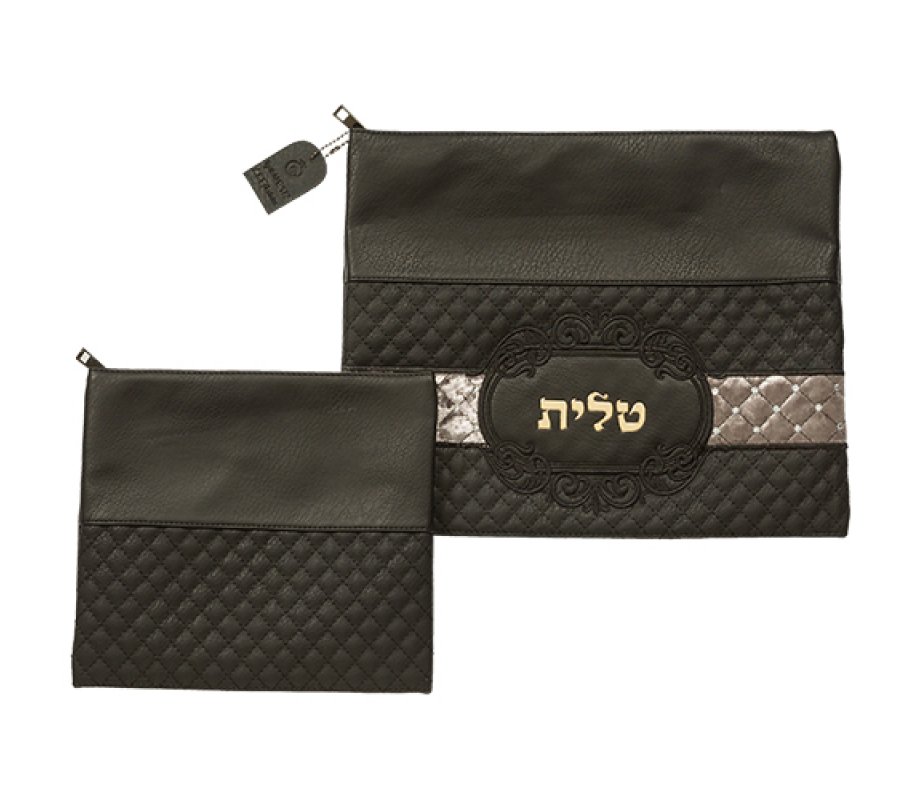 Tallit & Tefillin Bag Set, Diamond Design & Gold Embroidery – Black Faux Leather