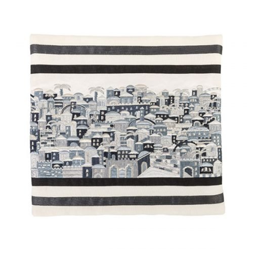 Tallit Bag Embroidered with Panoramic Jerusalem, Black and Gray - Yair Emanuel