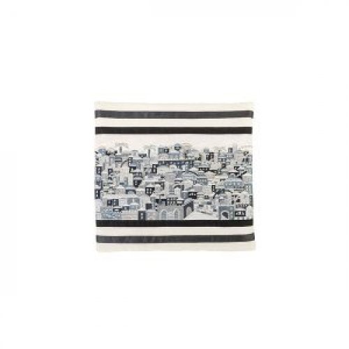 Tallit Bag Embroidered with Panoramic Jerusalem, Black and Gray - Yair Emanuel