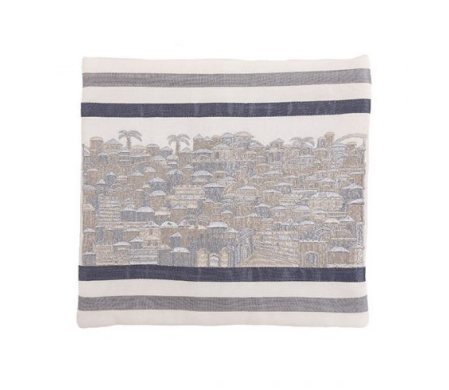 Tallit Bag Embroidered with Panoramic Jerusalem, Silver - Yair Emanuel